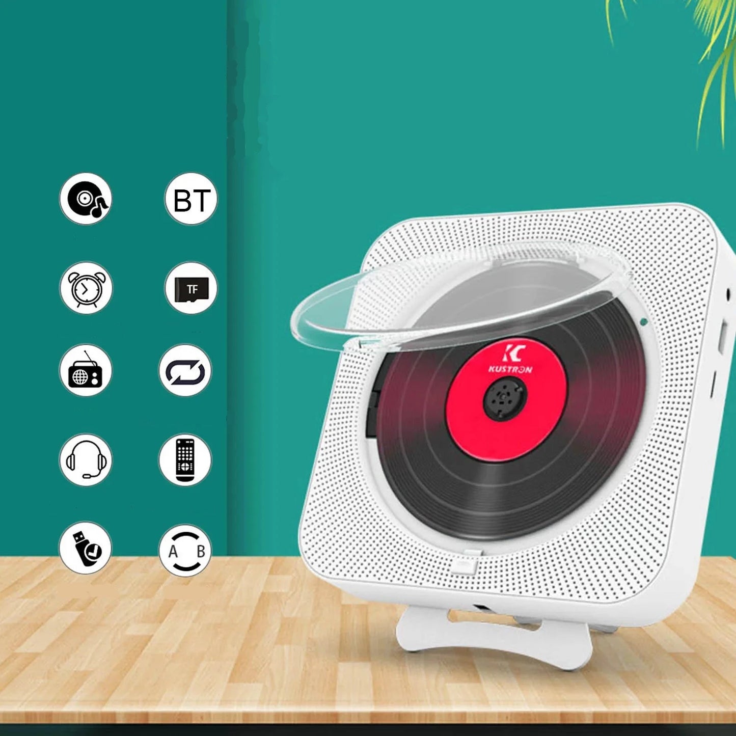 Toca CD Portátil com Alto-falante Bluetooth, Estéreo com Tela LED, Montável na Parede, Controle Remoto IR, Rádio FM - Haustter