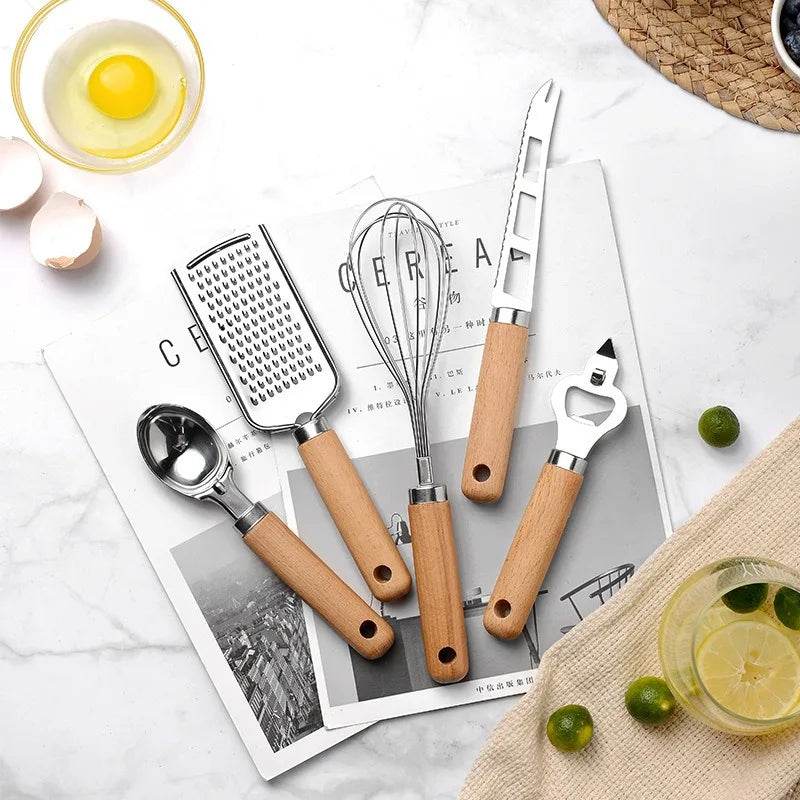 9 Utensílios de Cozinha Inox com Cabo de Madeira, Conjunto - Haustter - Haustter