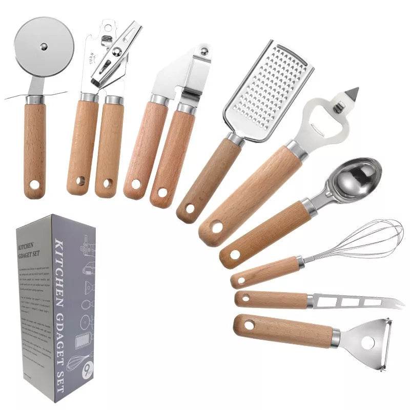 9 Utensílios de Cozinha Inox com Cabo de Madeira, Conjunto - Haustter - Haustter