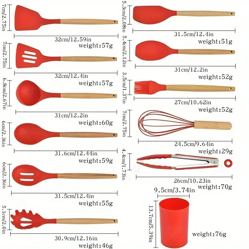 12 Utensílios de Cozinha de Silicone com Cabo de Madeira, Conjunto - Haustter