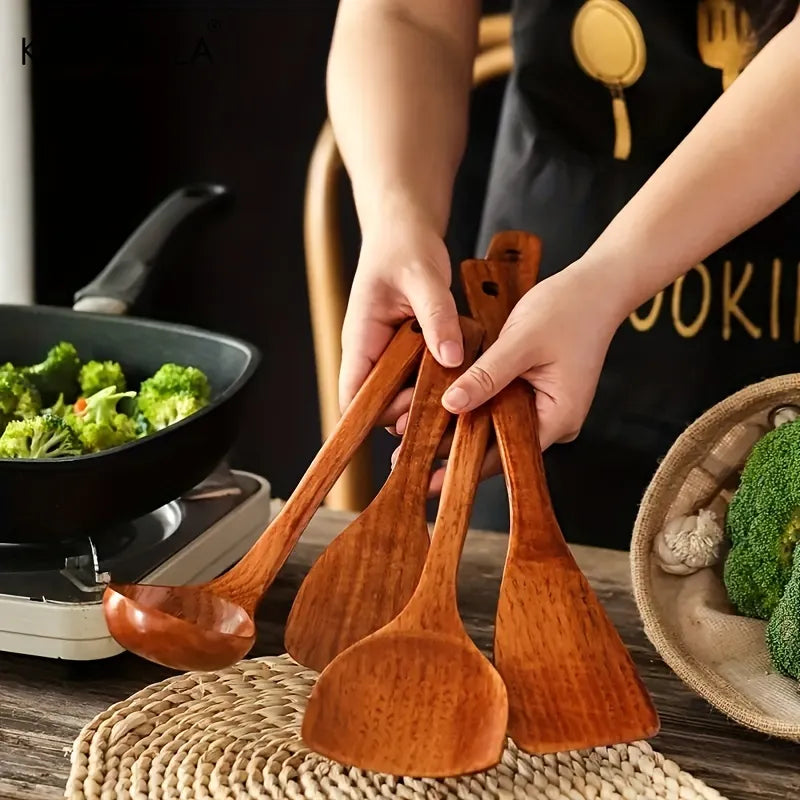 Colher de Pau e Conjunto de Utensílios de Cozinha com 4 Peças em Madeira, Pá, Colher, Espátula e Concha para Panelas Antiaderentes - Haustter