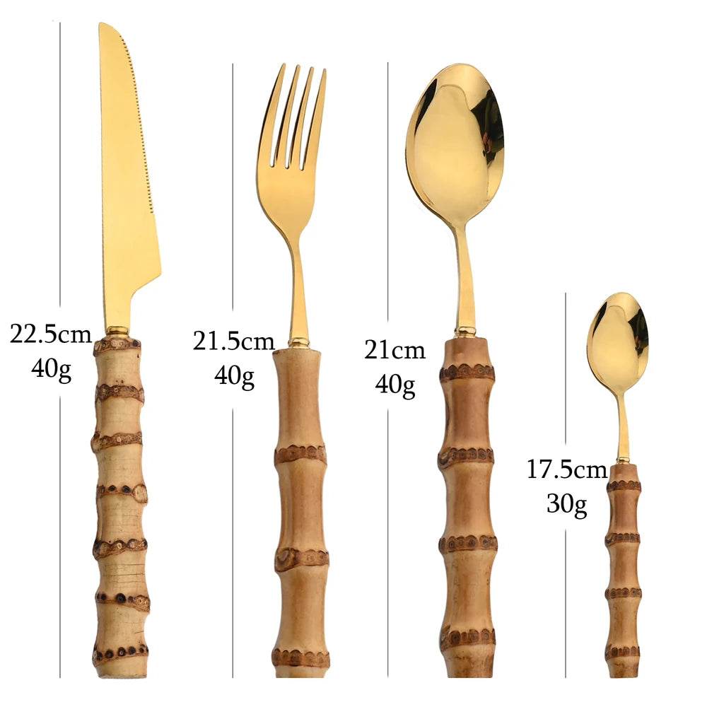 24 Talheres Dourados e Prata Inox com Cabo de Bambu, Conjunto - Haustter - Haustter