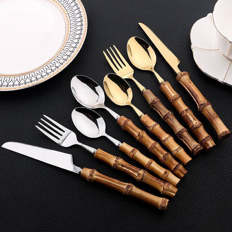 24 Talheres Dourados e Prata Inox com Cabo de Bambu, Conjunto - Haustter - Haustter