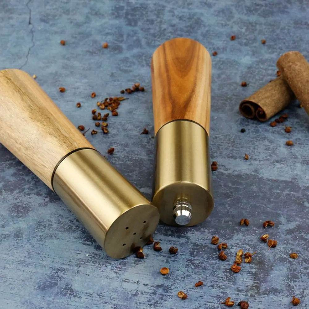 Conjunto de Moedor de Pimenta e Moedor de Sal e Dispenser em Madeira de Acácia e Inox - Haustter - Haustter
