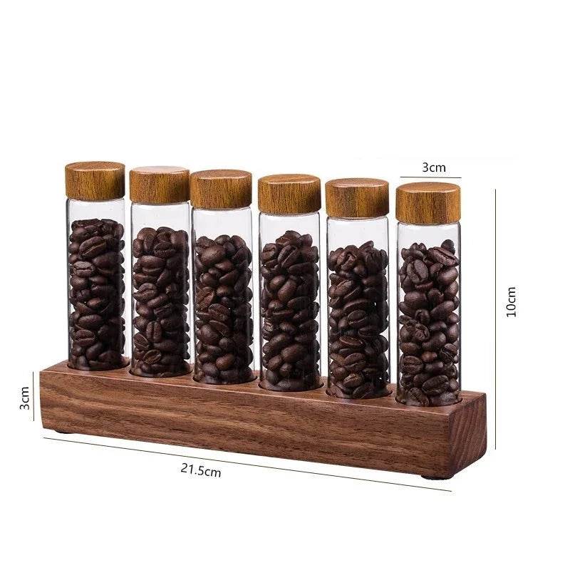 Frascos de Grãos de Café e Temperos com Estante de Nogueira - Haustter - Haustter