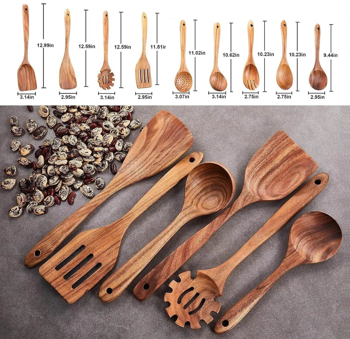 9 Utensílios de Cozinha de Madeira de Teca, Conjunto - Haustter - Haustter