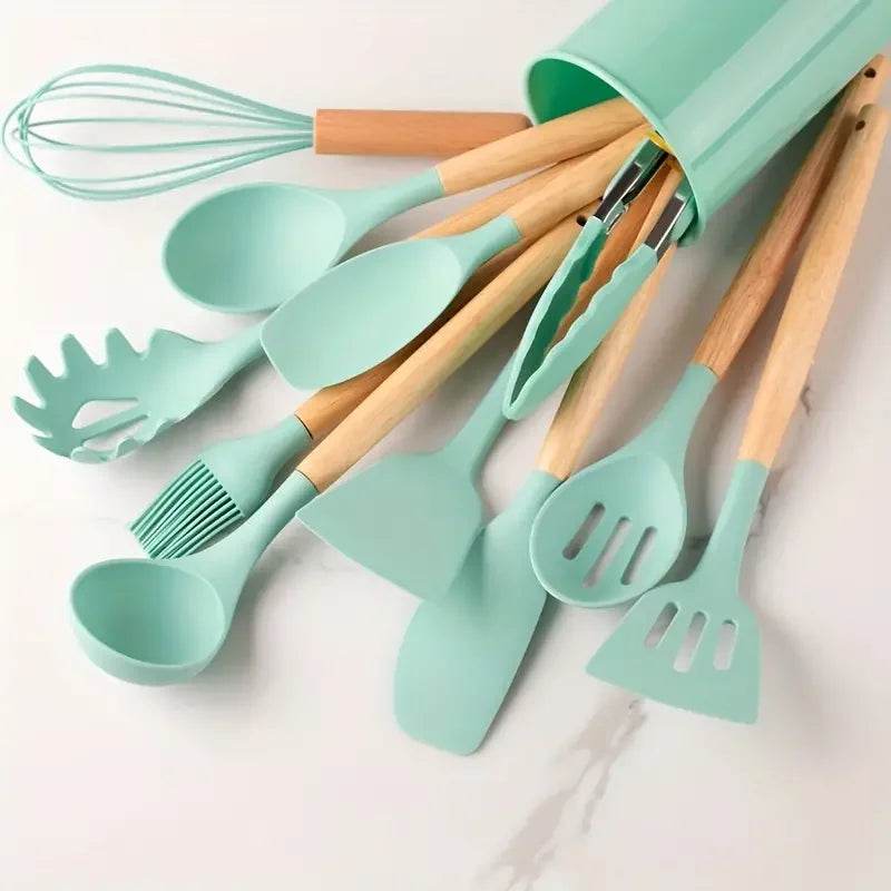 12 Utensílios de Cozinha de Silicone com Cabo de Madeira Verde e Rosa, Conjunto - Haustter - Haustter