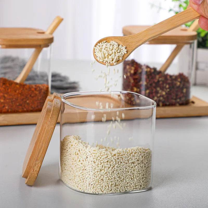 3 Potes de Vidro para Temperos com Colher de Bambu, Conjunto - Haustter - Haustter