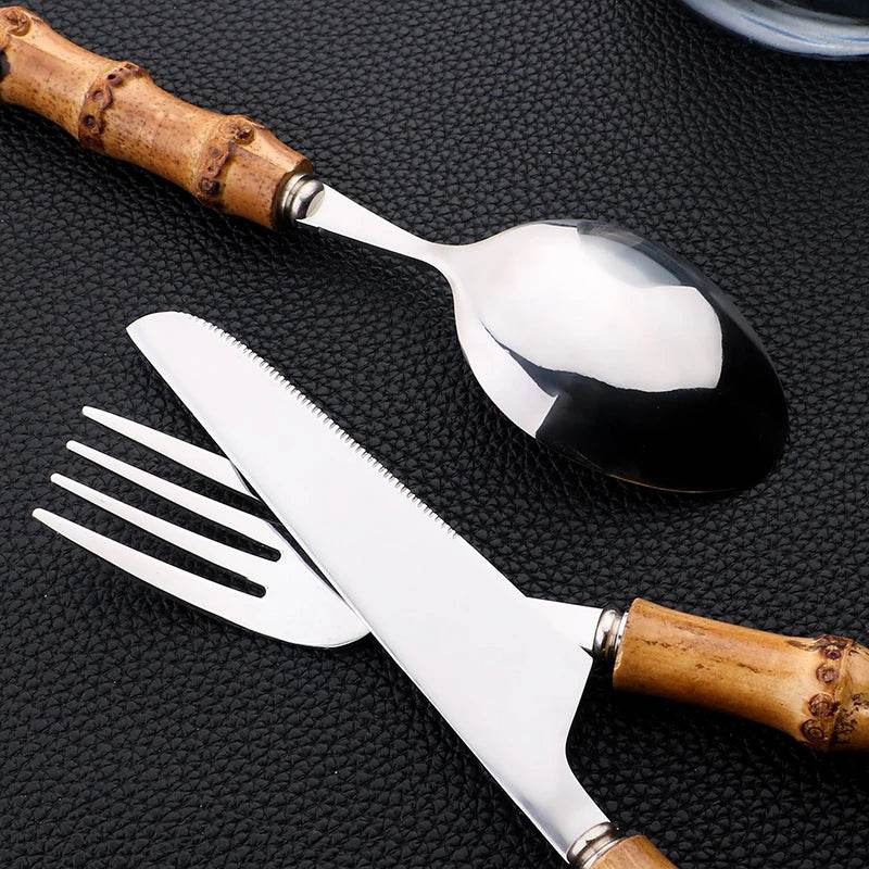 24 Talheres Dourados e Prata Inox com Cabo de Bambu, Conjunto - Haustter - Haustter