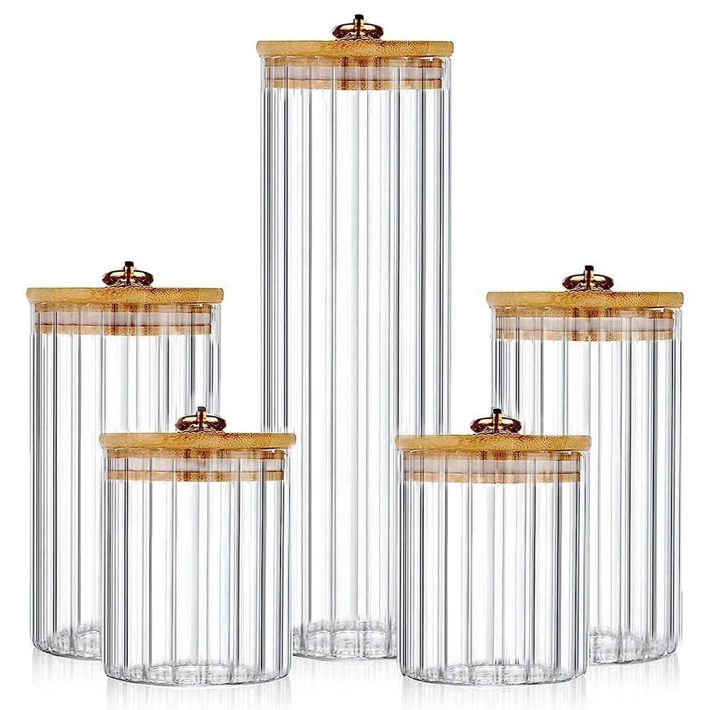 3 Potes de Vidro com Tampa de Bambu e Anel de Metal para Armazenamento de Doces, Biscoitos, Massas, Café e Grãos - Haustter - Haustter