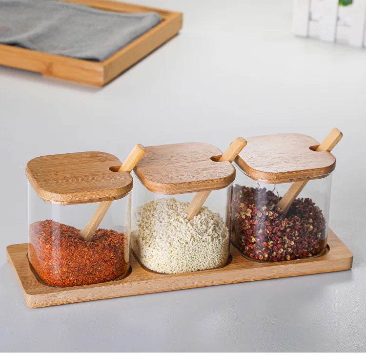 3 Potes de Vidro para Temperos com Colher de Bambu, Conjunto - Haustter - Haustter