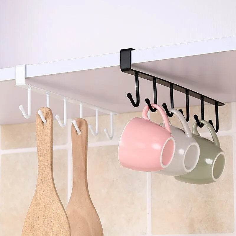 Suporte Multifuncional para Xícaras com 6 Ganchos - Preto e Branco - Prateleira Organizadora de Utensílios de Cozinha e Armário - Haustter - Haustter