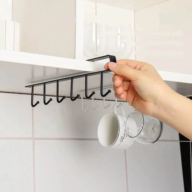 Suporte Multifuncional para Xícaras com 6 Ganchos - Preto e Branco - Prateleira Organizadora de Utensílios de Cozinha e Armário - Haustter - Haustter