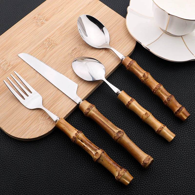 24 Talheres Dourados e Prata Inox com Cabo de Bambu, Conjunto - Haustter - Haustter