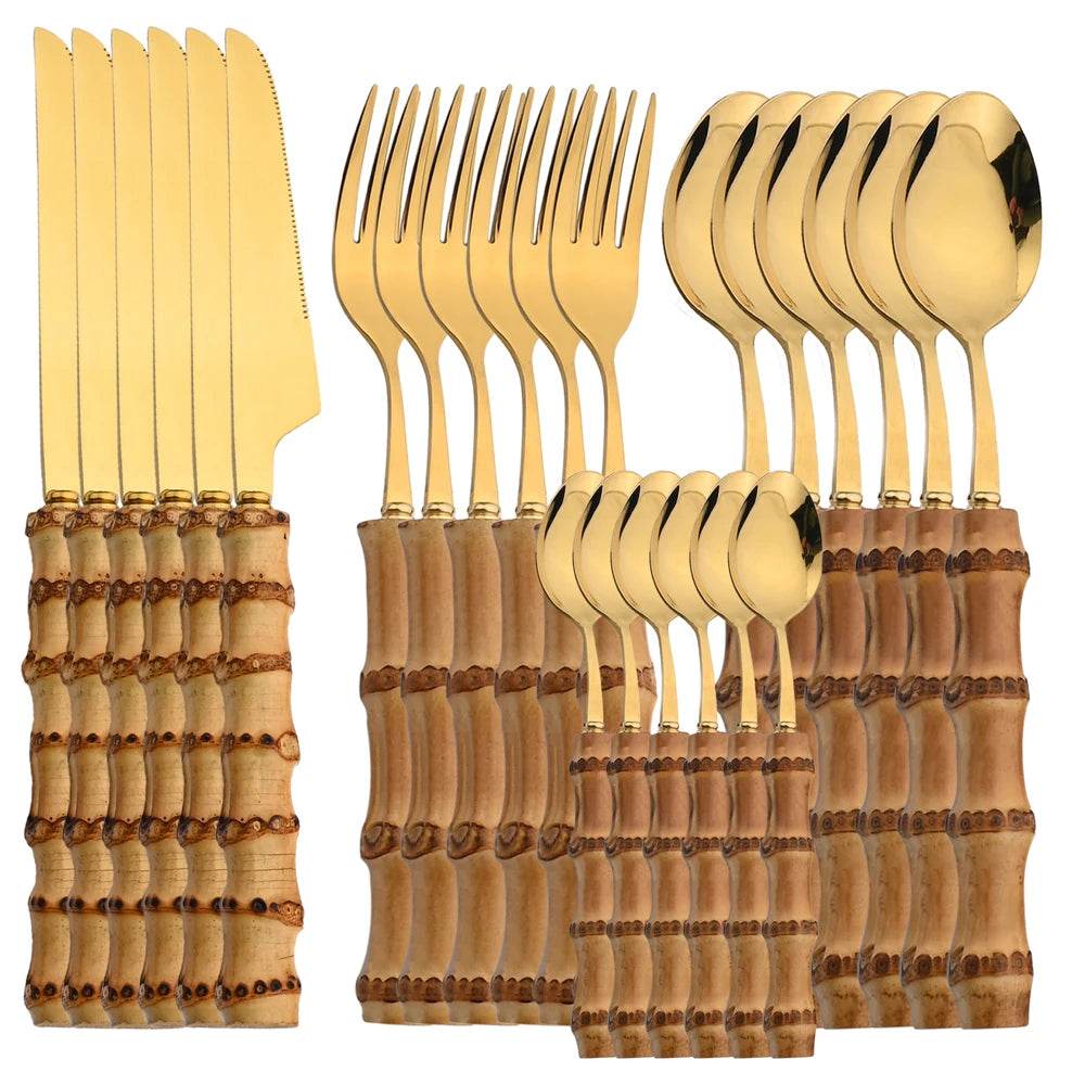 24 Talheres Dourados e Prata Inox com Cabo de Bambu, Conjunto - Haustter - Haustter