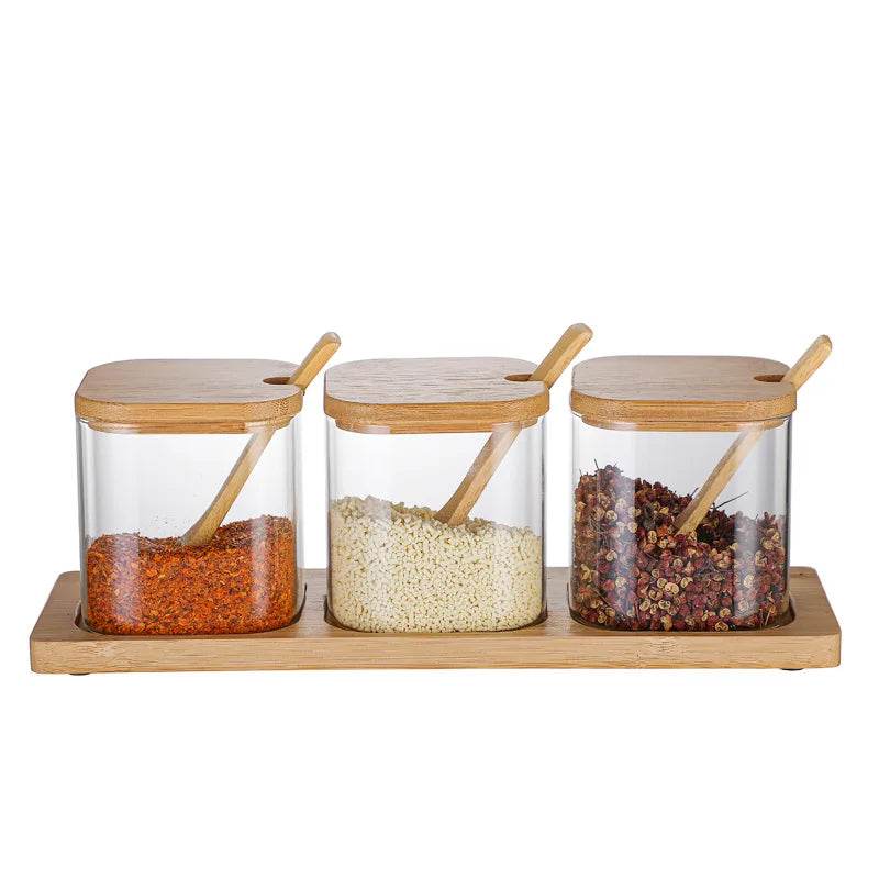 3 Potes de Vidro para Temperos com Colher de Bambu, Conjunto - Haustter - Haustter