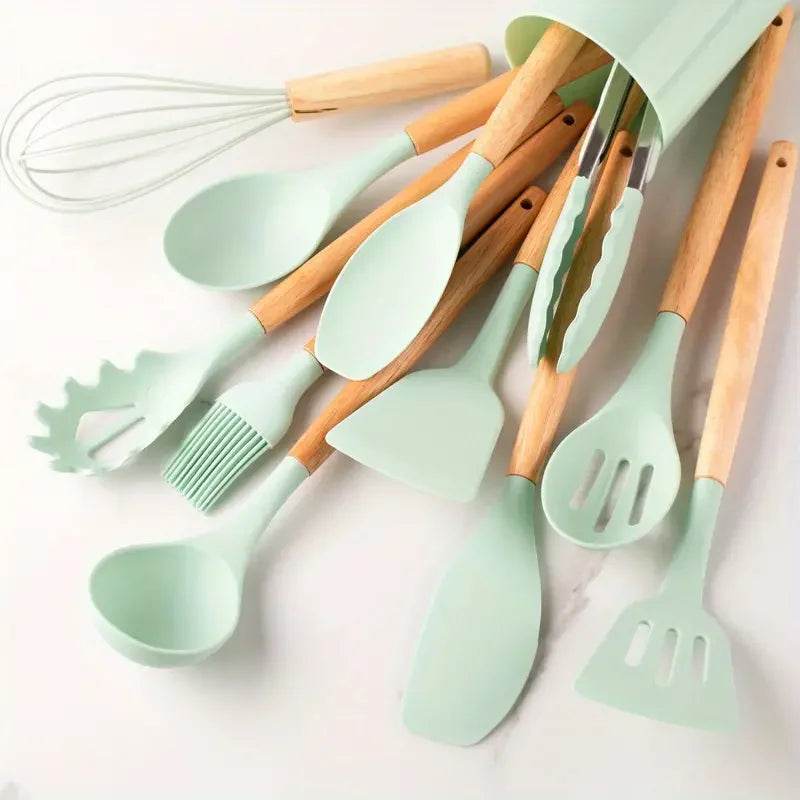 12 Utensílios de Cozinha de Silicone com Cabo de Madeira Verde e Rosa, Conjunto - Haustter - Haustter