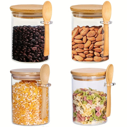 Pote de Vidro com Tampa e Colher de Bambu, Potes Transparentes para Especiarias, Temperos, Doces e Armazenamento de Alimentos - Haustter