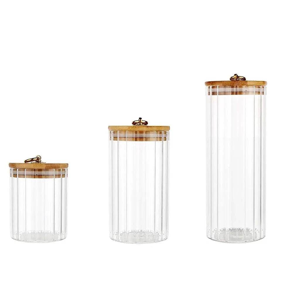 3 Potes de Vidro com Tampa de Bambu e Anel de Metal para Armazenamento de Doces, Biscoitos, Massas, Café e Grãos - Haustter - Haustter