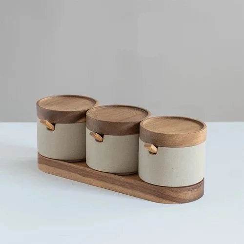 Conjunto de Potes para Temperos em Cerâmica para Cozinha Japonesa - Sal, Pimenta e Óleo - Haustter