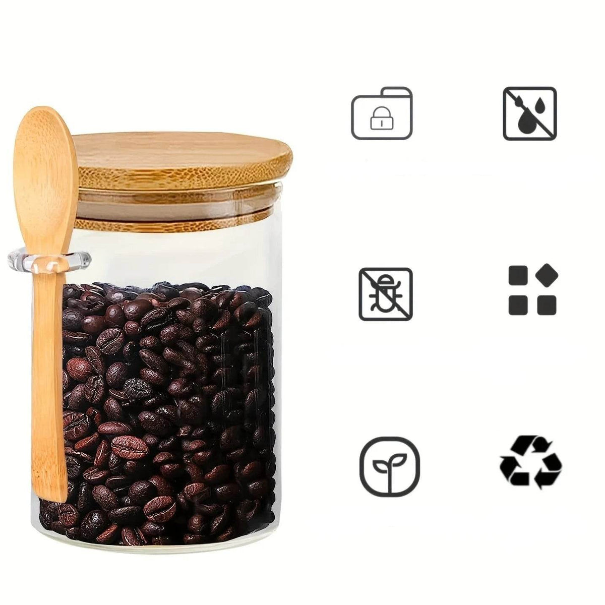 Pote de Vidro com Tampa e Colher de Bambu, Potes Transparentes para Especiarias, Temperos, Doces e Armazenamento de Alimentos - Haustter - Haustter