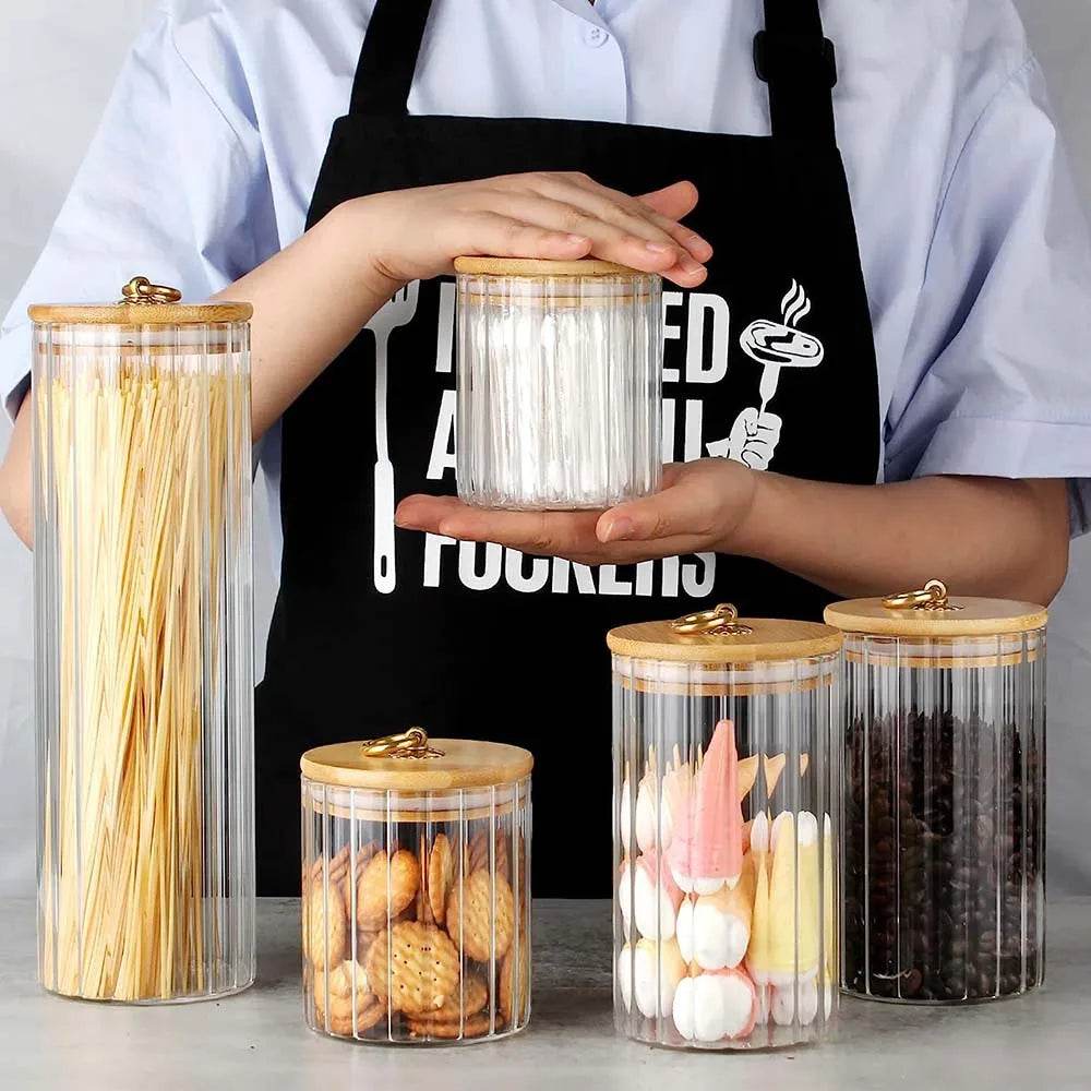 3 Potes de Vidro com Tampa de Bambu e Anel de Metal para Armazenamento de Doces, Biscoitos, Massas, Café e Grãos - Haustter - Haustter