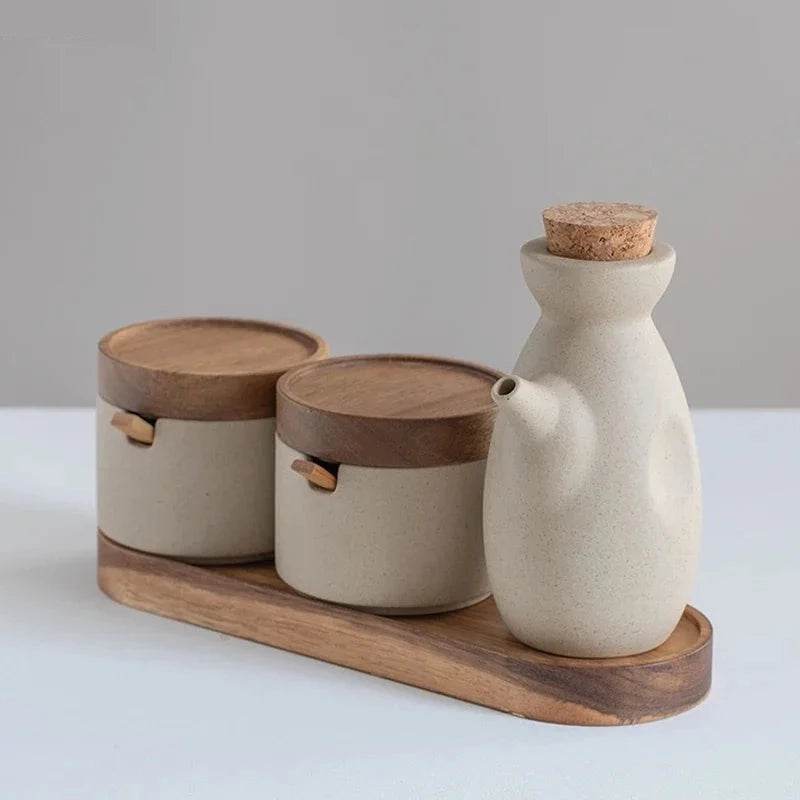 Conjunto de Potes para Temperos em Cerâmica para Cozinha Japonesa - Sal, Pimenta e Óleo - Haustter