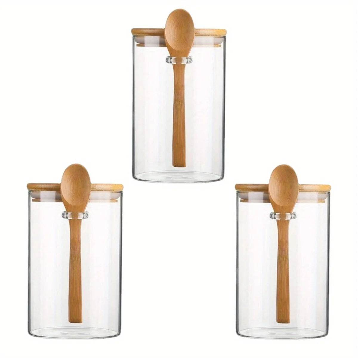 Pote de Vidro com Tampa e Colher de Bambu, Potes Transparentes para Especiarias, Temperos, Doces e Armazenamento de Alimentos - Haustter - Haustter