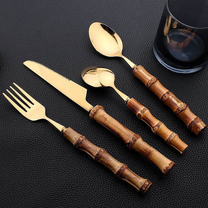 24 Talheres Dourados e Prata Inox com Cabo de Bambu, Conjunto - Haustter - Haustter