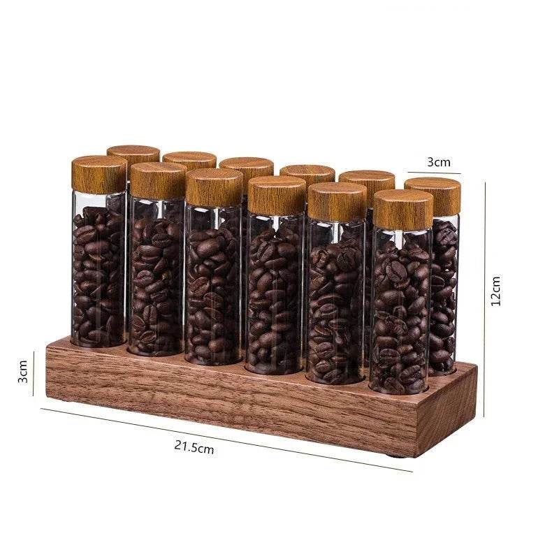 Frascos de Grãos de Café e Temperos com Estante de Nogueira - Haustter - Haustter
