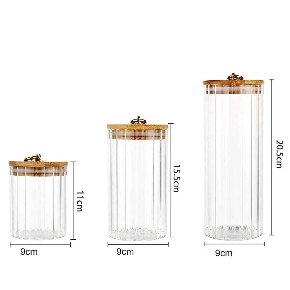 3 Potes de Vidro com Tampa de Bambu e Anel de Metal para Armazenamento de Doces, Biscoitos, Massas, Café e Grãos - Haustter - Haustter