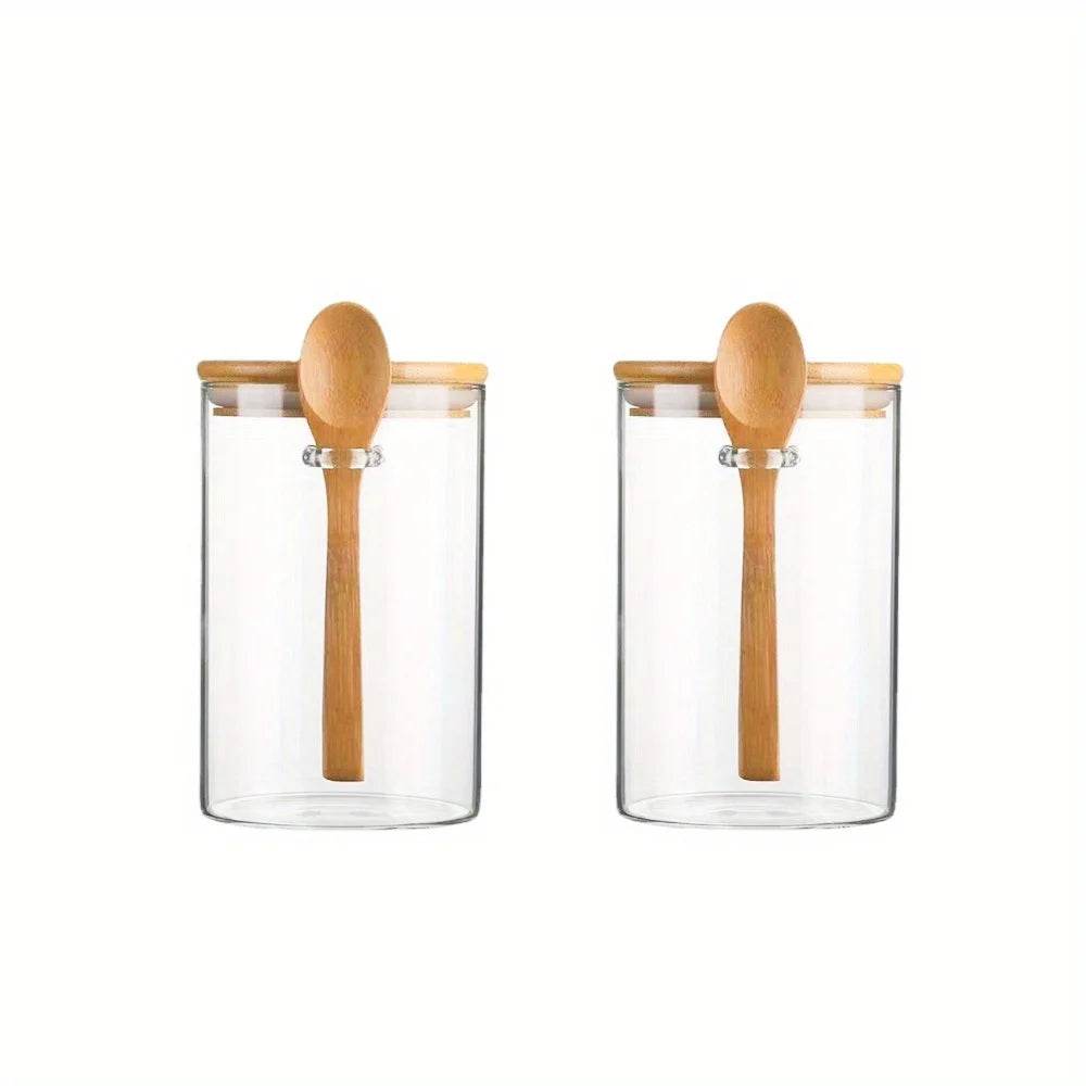 Pote de Vidro com Tampa e Colher de Bambu, Potes Transparentes para Especiarias, Temperos, Doces e Armazenamento de Alimentos - Haustter - Haustter