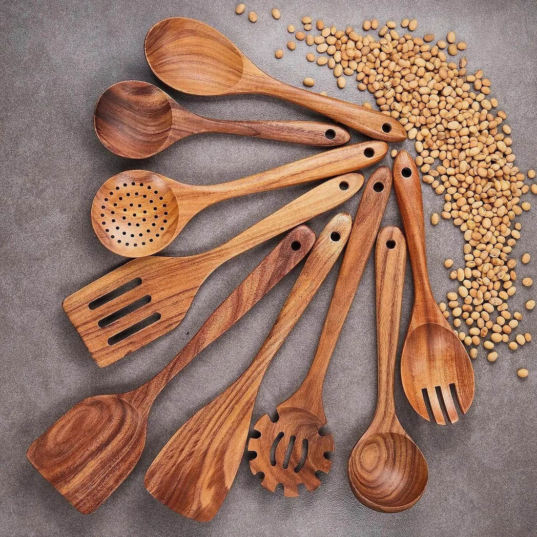 9 Utensílios de Cozinha de Madeira de Teca, Conjunto - Haustter - Haustter