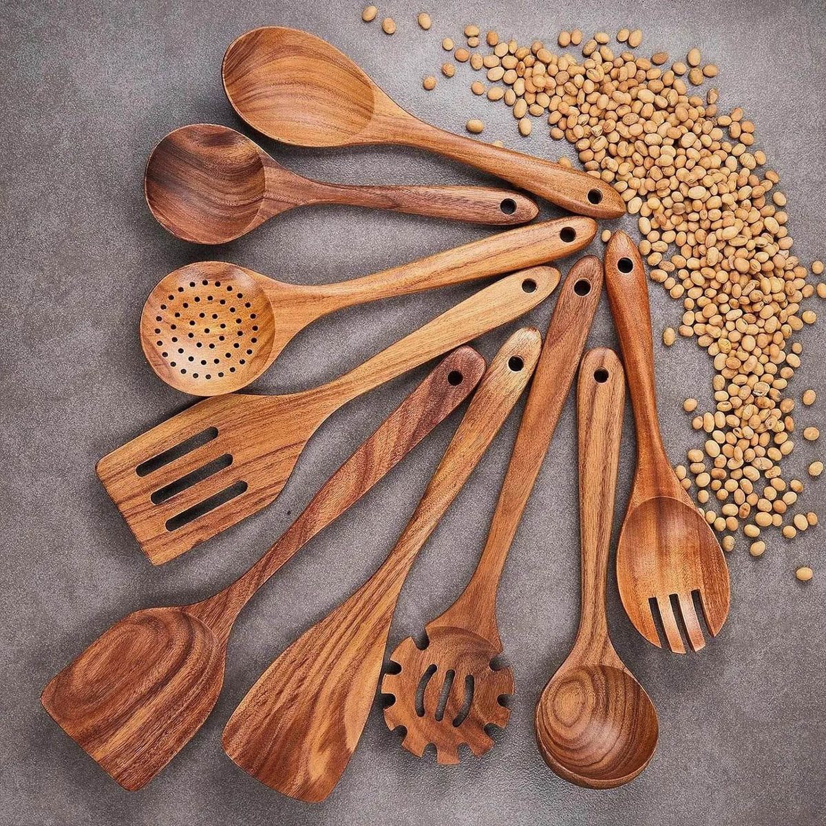 9 Utensílios de Cozinha de Madeira de Teca, Conjunto - Haustter - Haustter