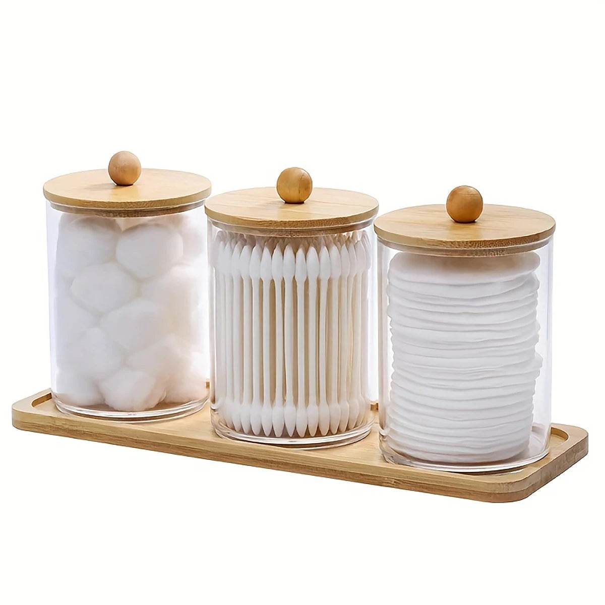 3 Porta Cotonetes Bolas e Discos Algodão Tampa e Bandeja de Bambu, Conjunto - Haustter - Haustter