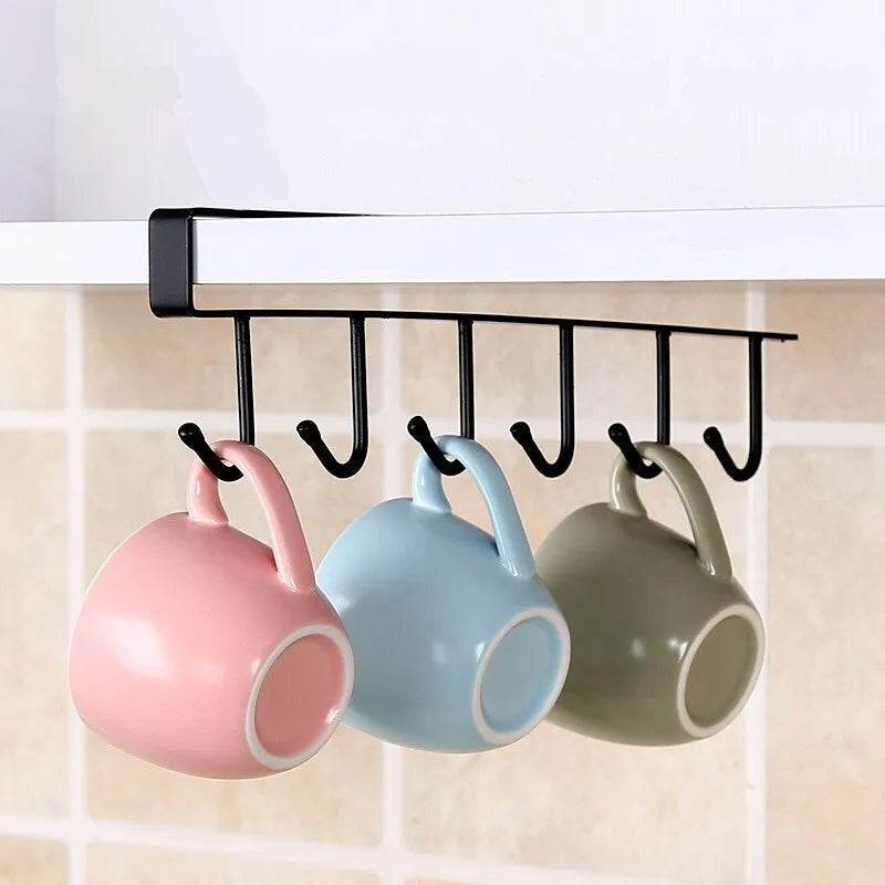 Suporte Multifuncional para Xícaras com 6 Ganchos - Preto e Branco - Prateleira Organizadora de Utensílios de Cozinha e Armário - Haustter - Haustter