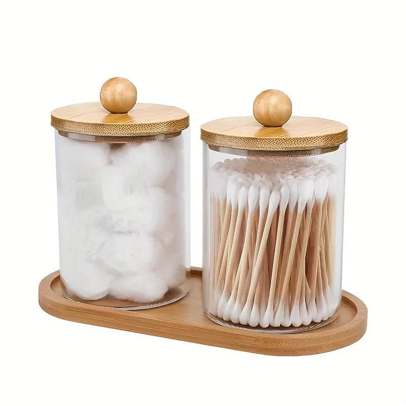 2 Dispensadores de Cotonetes com Tampa de Bambu, Conjunto - Haustter - Haustter
