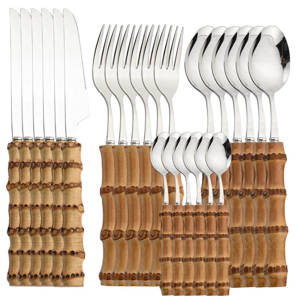 24 Talheres Dourados e Prata Inox com Cabo de Bambu, Conjunto - Haustter - Haustter