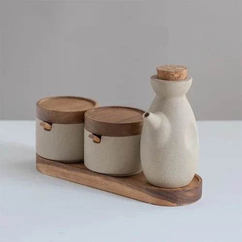 Conjunto de Potes para Temperos em Cerâmica para Cozinha Japonesa - Sal, Pimenta e Óleo - Haustter