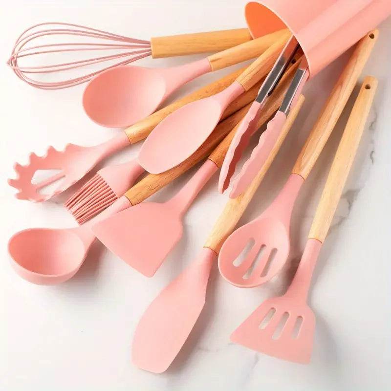 12 Utensílios de Cozinha de Silicone com Cabo de Madeira Verde e Rosa, Conjunto - Haustter - Haustter