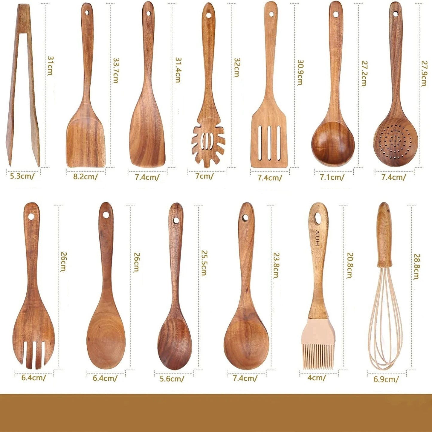 13 Utensílios de Cozinha de Madeira Natural, Conjunto - Haustter