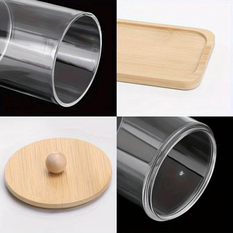3 Porta Cotonetes Bolas e Discos Algodão Tampa e Bandeja de Bambu, Conjunto - Haustter - Haustter