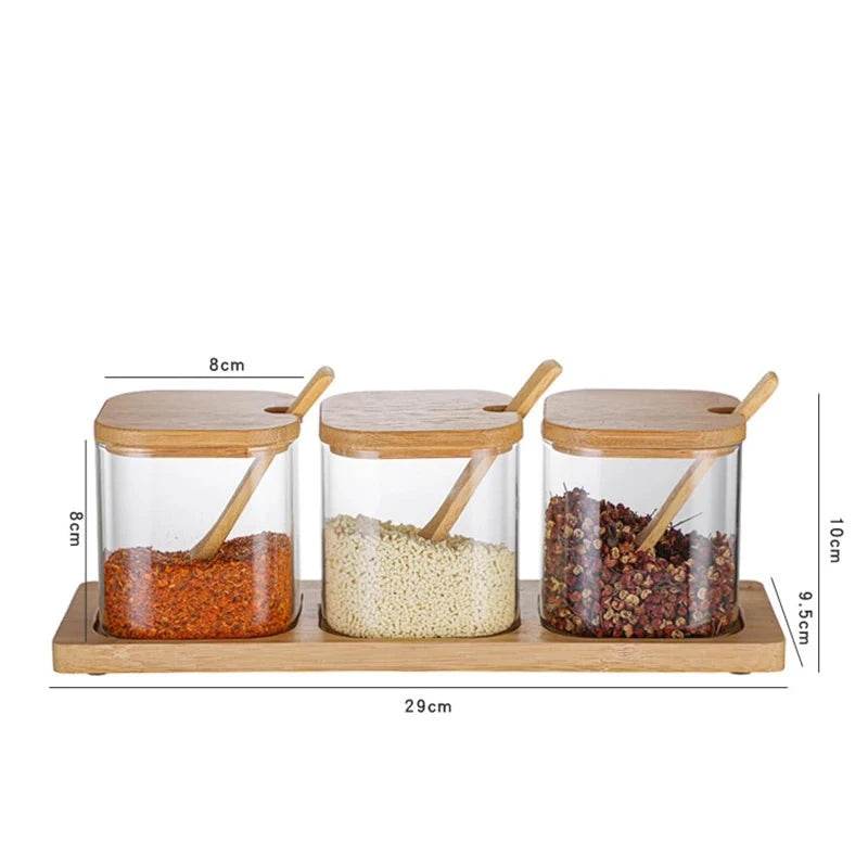 3 Potes de Vidro para Temperos com Colher de Bambu, Conjunto - Haustter - Haustter