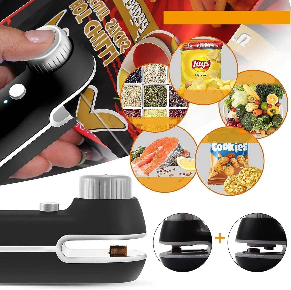 Mini seladora portátil recarregável, saco de armazenamento, pacote plástico, seladora de lanches, carregamento USB, 2 em 1 - Haustter - Haustter