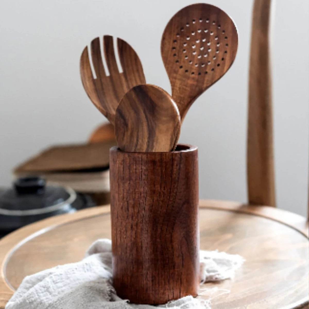 Conjunto de Utensílios de Cozinha de Madeira com Balde de Armazenamento - Haustter - Haustter