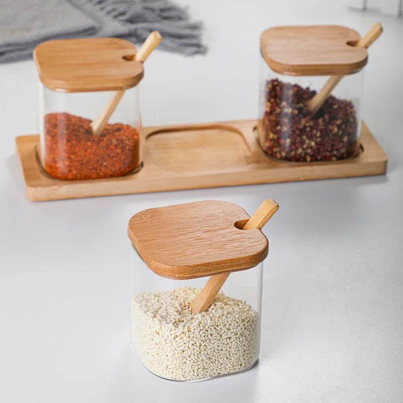 3 Potes de Vidro para Temperos com Colher de Bambu, Conjunto - Haustter - Haustter