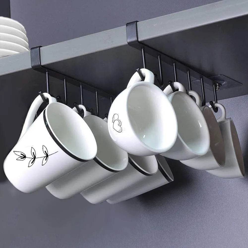 Suporte Multifuncional para Xícaras com 6 Ganchos - Preto e Branco - Prateleira Organizadora de Utensílios de Cozinha e Armário - Haustter - Haustter