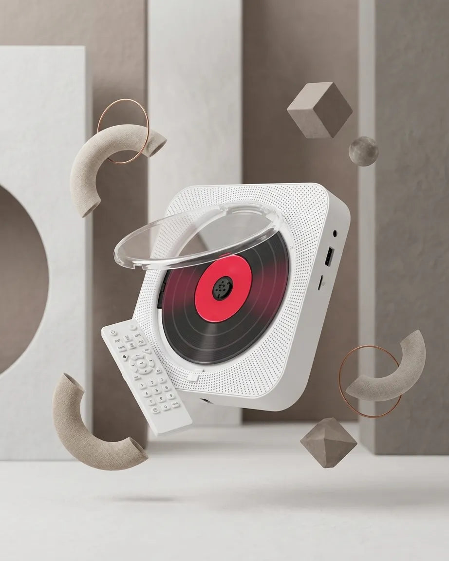 Toca CD Portátil com Alto-falante Bluetooth, Estéreo com Tela LED, Montável na Parede, Controle Remoto IR, Rádio FM - Haustter