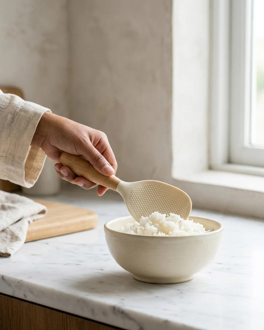 Colher para Arroz em Silicone com Cabo de Madeira