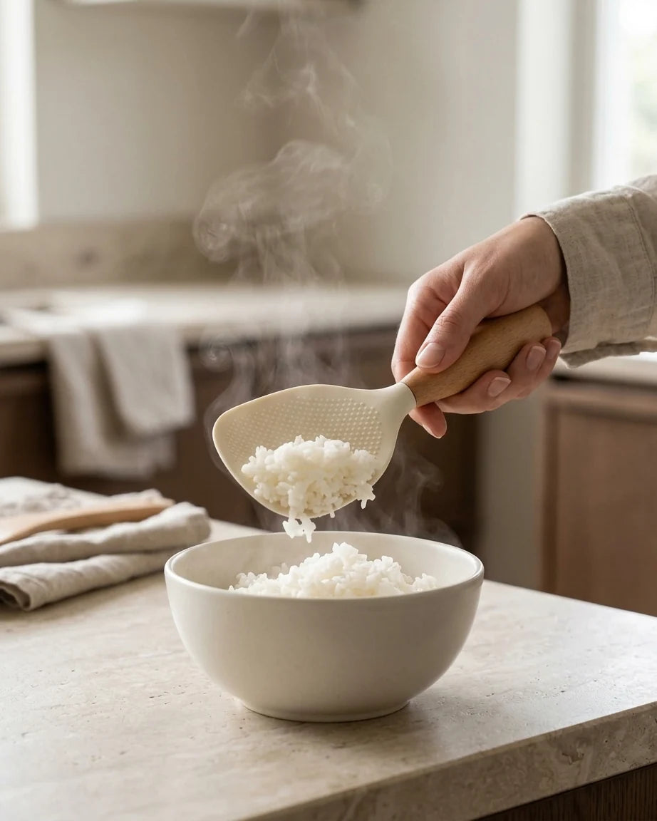 Colher para Arroz em Silicone com Cabo de Madeira